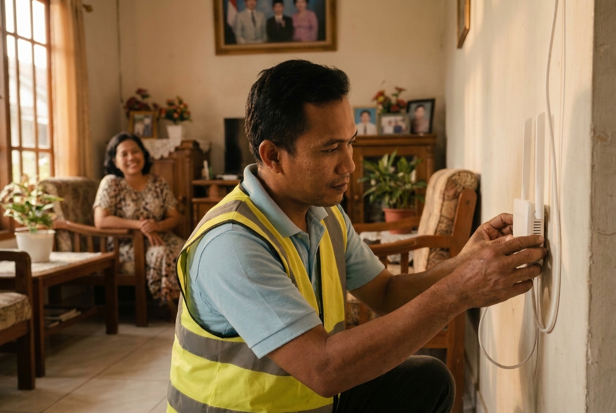 Teknisi Kilat Net memasang kabel fiber di rumah pelanggan